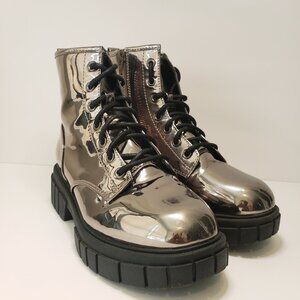 Madden Girl NYC Chrome Metallic Pewter Black Lug Ankle lace up boots 3